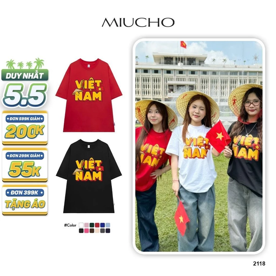 Áo thun nữ form rộng Việt Nam tôi yêu Miucho BST cổ tròn vải cotton 4c 220gsm thoáng mát in mix
