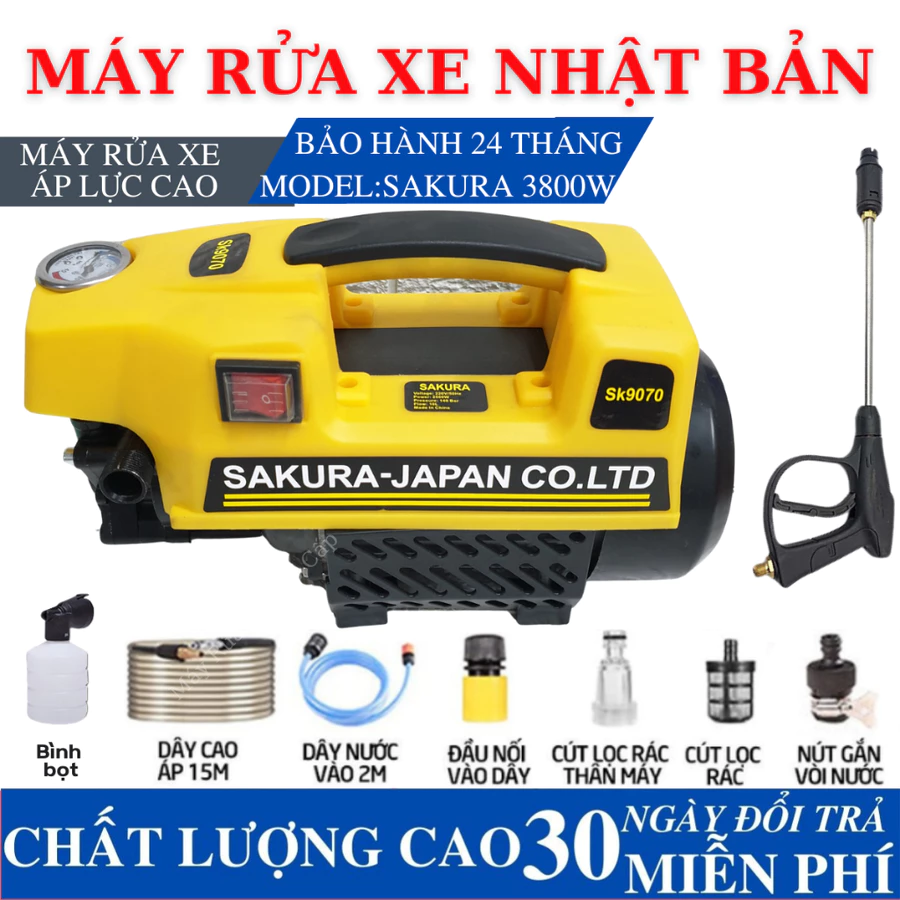 Máy rửa xe Sakura 3800W - Lõi đồng 100% bảo hành 24 tháng - tặng bình bọt tuyết