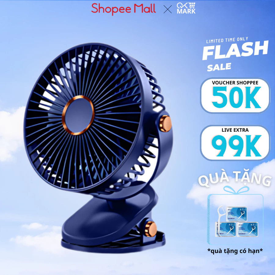 Quạt tích điện kẹp bàn mini để bàn 5 mức độ có đèn led pin 5000 MHA Và 10000 MHA cao cấp ( Loại 1)