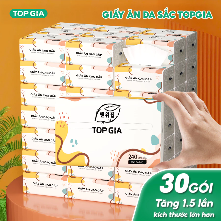 Giấy ăn rút Topgia thùng 30 gói đa sắc cao cấp 240 tờ 4 lớp, dập vân 4D, mềm mịn, thấm hút tốt