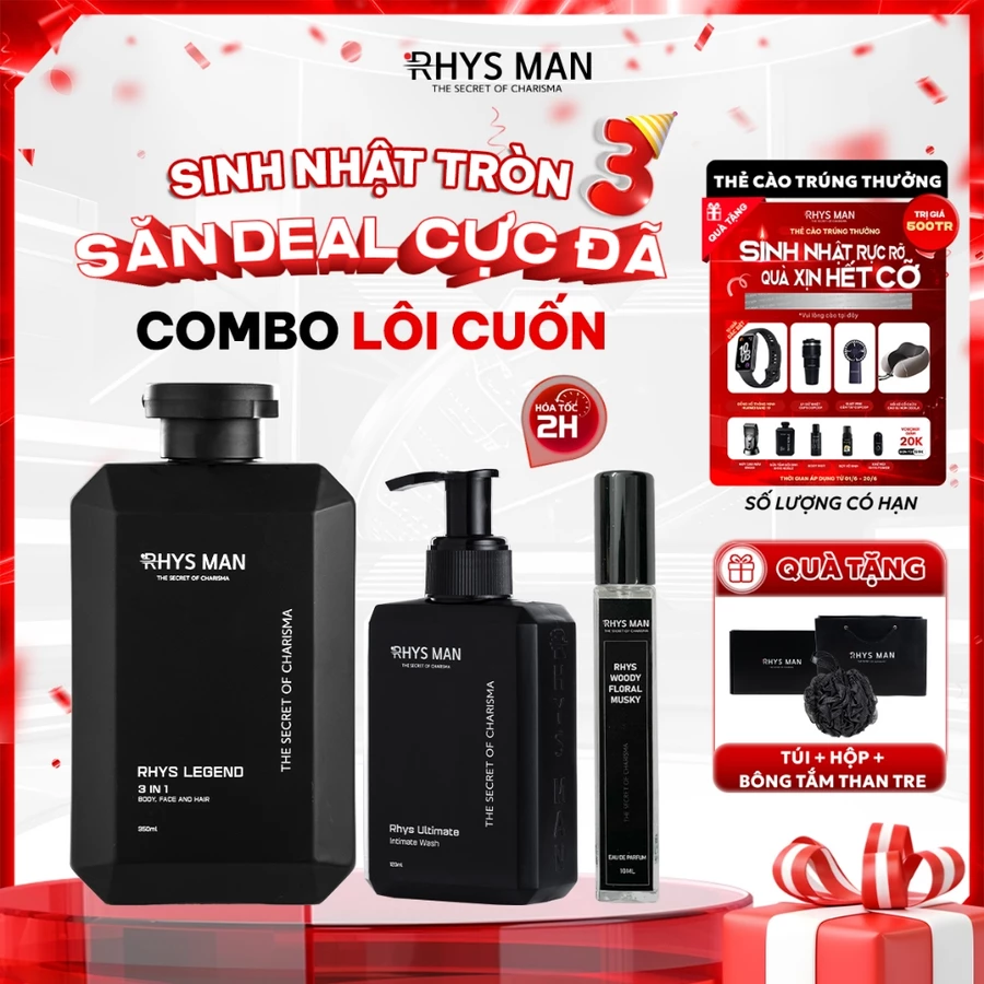 Combo Sữa tắm gội nam 3in1 350ml & Dung dịch vệ sinh nam 120ml & Nước hoa 10ml RHYS MAN